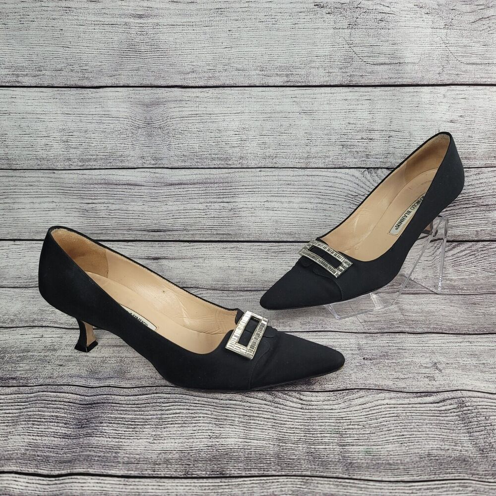 Manolo Blahnik Black 2" Heels Rhinestone Buckle Pointed Toe size 37.5 (7.5 US)